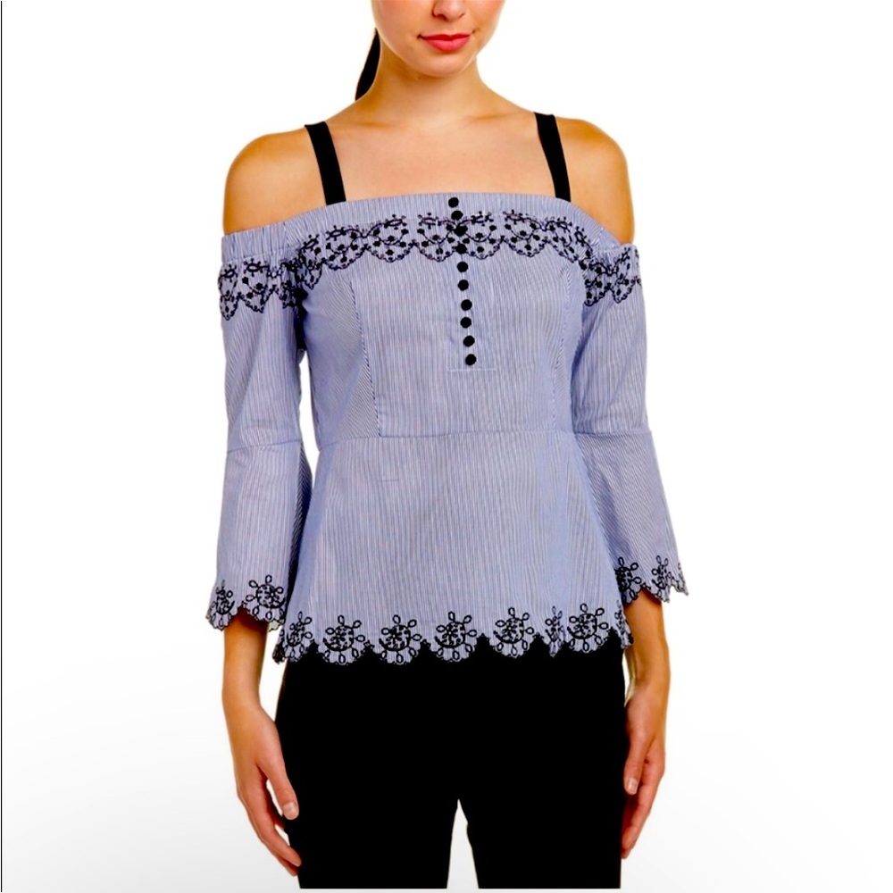 Off Shoulder Strapped Navy Pinstriped Peplum Top